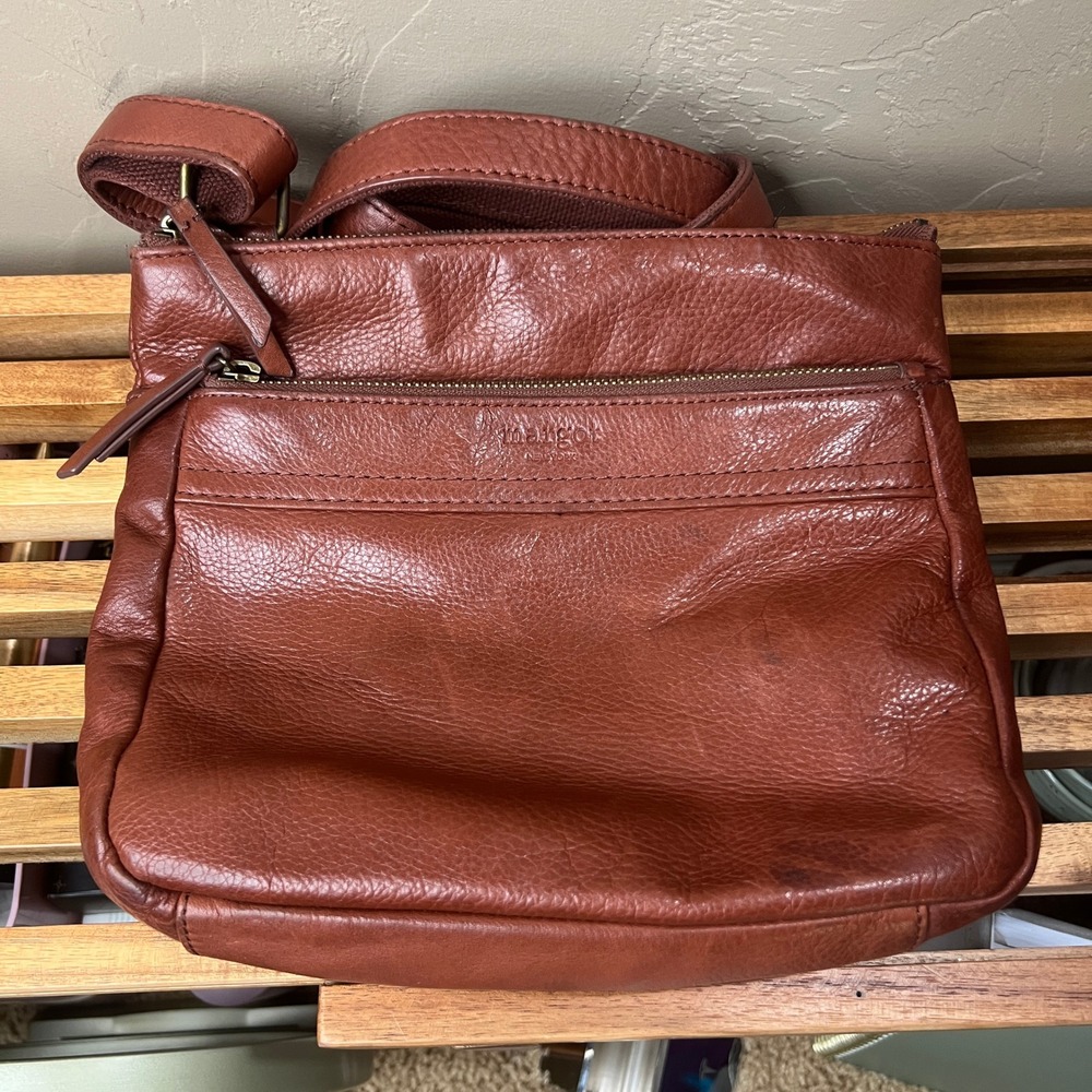 Margot New York Cognac Brown Pebbled Leather Crossbody Bag Messenger Zippers
